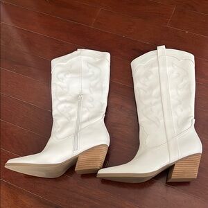 DV by Dolce Vita White and Tan Heeled Boots with Pointed Toe